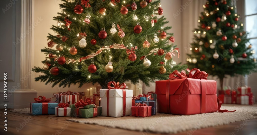 Presents under the Christmas tree with ribbons and bows, gift wrapping, gifts under the tree, joyful moments Presents under the Christmas tree with ribbons and bows, gift wrapping, gifts under the tree, joyful moments