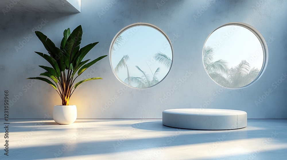 Minimalist interior with a large potted plant, a white podium, and two round windows overlooking a tropical landscape. Minimalist interior with a large potted plant, a white podium, and two round windows overlooking a tropical landscape.