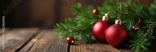 Red gold ball arrangement on a wooden table with mistletoe hanging above it, cozy, ornamentation