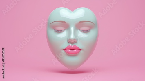 A stylized heart-shaped face in pastel colors, featuring closed eyes and pink lips, set against a soft pink background.