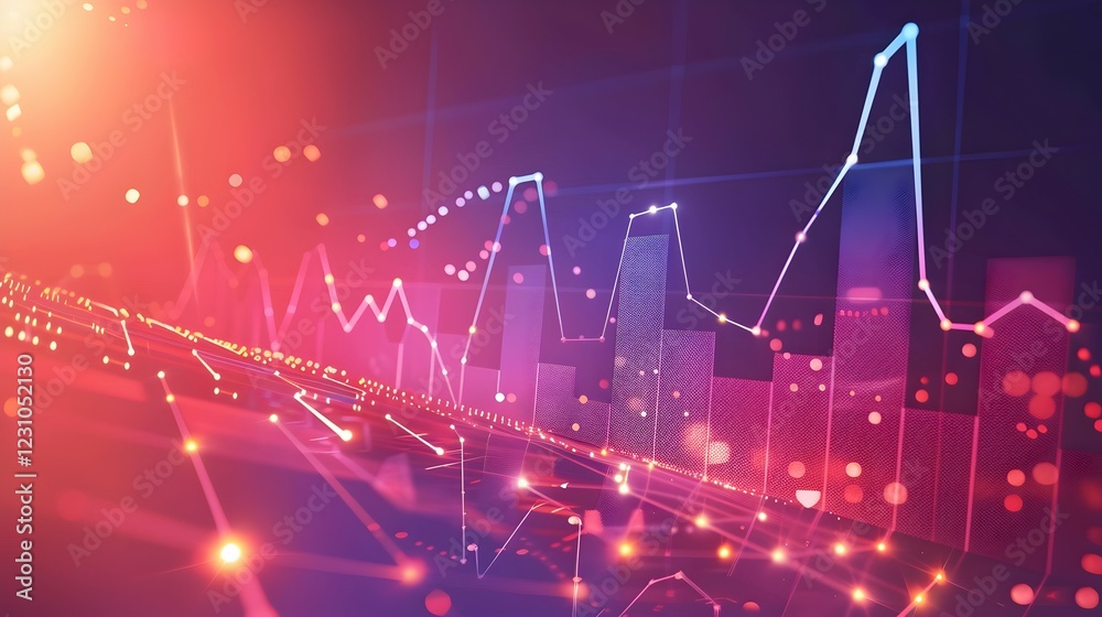 Abstract digital graph with fluctuating lines and glowing particles representing data analysis. Abstract digital graph with fluctuating lines and glowing particles representing data analysis.