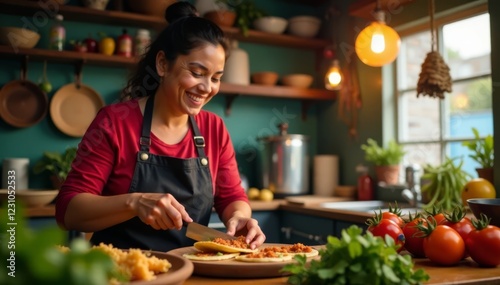 Warm smile on face of hispanic woman making tacos al pastor , tacos, market, streetfood photo