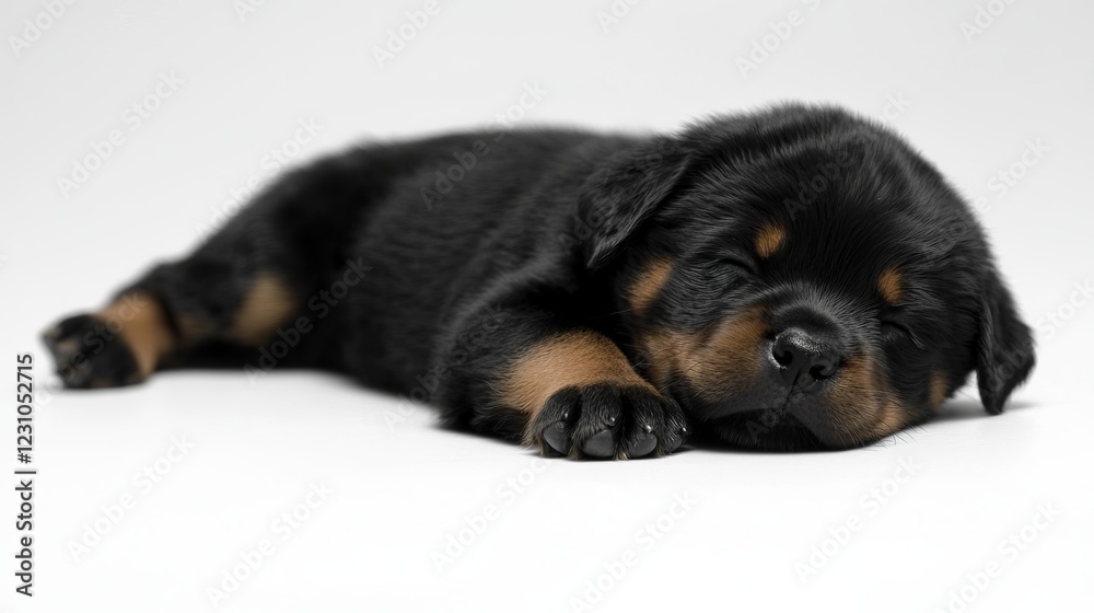 A sleeping Rottweiler puppy lies peacefully on a soft surface, showcasing its adorable features and relaxed demeanor. A sleeping Rottweiler puppy lies peacefully on a soft surface, showcasing its adorable features and relaxed demeanor.