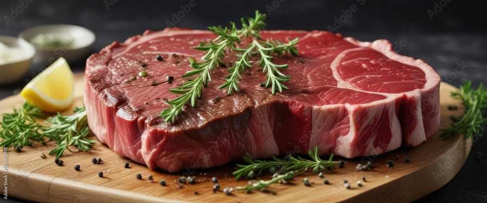 Side view of raw ribeye steak with fresh thyme and pepper , beef, tender, food Side view of raw ribeye steak with fresh thyme and pepper , beef, tender, food