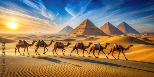 Majestic Camels in the Egyptian Desert Landscape with High Depth of Field - Stunning Sand Dunes, Clear Blue Sky, and Ancient Pyramids in the Background for Travel and Nature Lovers