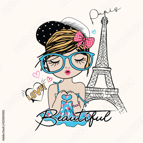 Beautiful girl in trendy style with the Eiffel Tower in the background, Parisian fashion concept.
