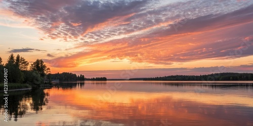 Softly glowing watercolor sunset over a serene lake, calm waters, sky colors, water body, watercolor background