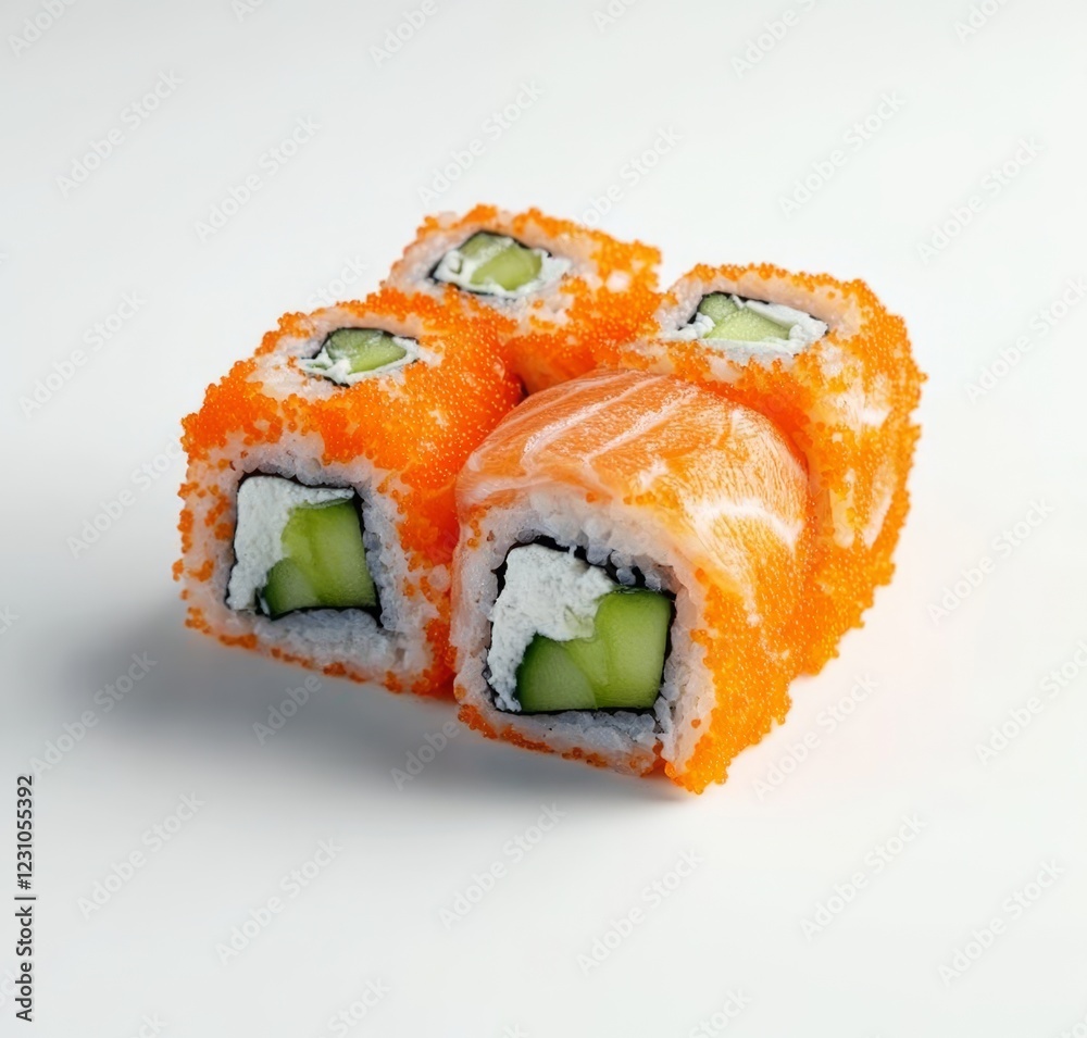 Four pieces of sushi, two with salmon and two with cucumber, topped with orange fish eggs, arranged on a white background. Four pieces of sushi, two with salmon and two with cucumber, topped with orange fish eggs, arranged on a white background.
