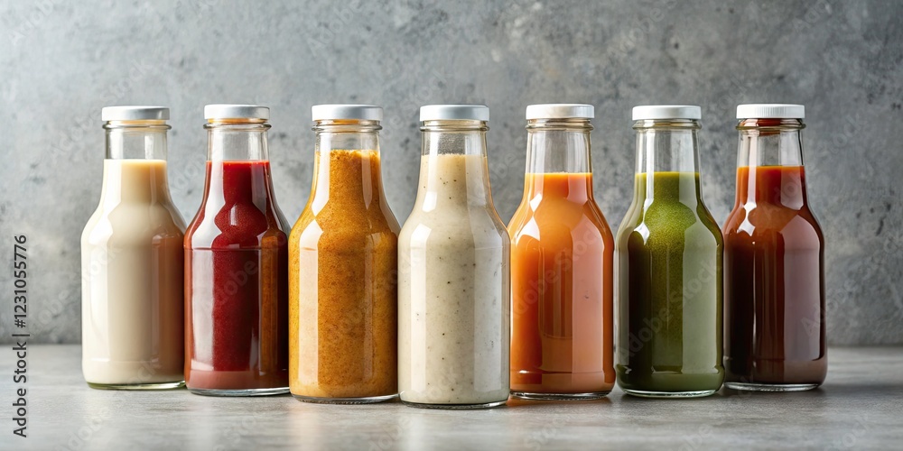 Minimalist Sauce Bottles on a Clean Surface - Elegant Condiment Display for Modern Kitchen Decor, Artful Arrangement of Ketchup, Mustard, and Hot Sauce Bottles in Soft Lighting Minimalist Sauce Bottles on a Clean Surface - Elegant Condiment Display for Modern Kitchen Decor, Artful Arrangement of Ketchup, Mustard, and Hot Sauce Bottles in Soft Lighting