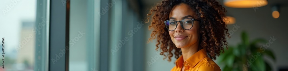 Obraz premium Woman with curly hair and glasses in a professional setting, Indoor Portrait, Curly Hair, Blurred Background