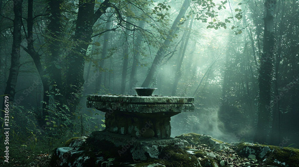 Ancient stone altar in misty forest with ceremonial bowl, symbolizing ancient rituals and spiritual connection to nature, evoking mystery and historical traditions.