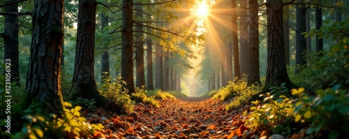 Wood pellet forest landscape with dense trees, wood pellets, bioenergy, forest