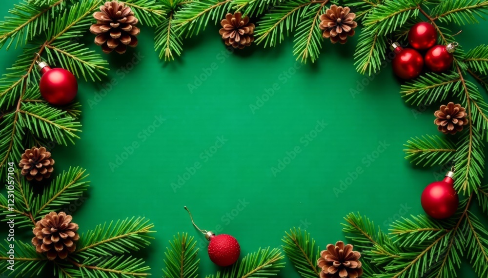 Wreath made of evergreen branches and pinecones surrounds a festive flat lay on a green background, christmas, evergreen, flat lay Wreath made of evergreen branches and pinecones surrounds a festive flat lay on a green background, christmas, evergreen, flat lay