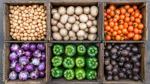 Wooden crates hold assorted fresh vegetables photo