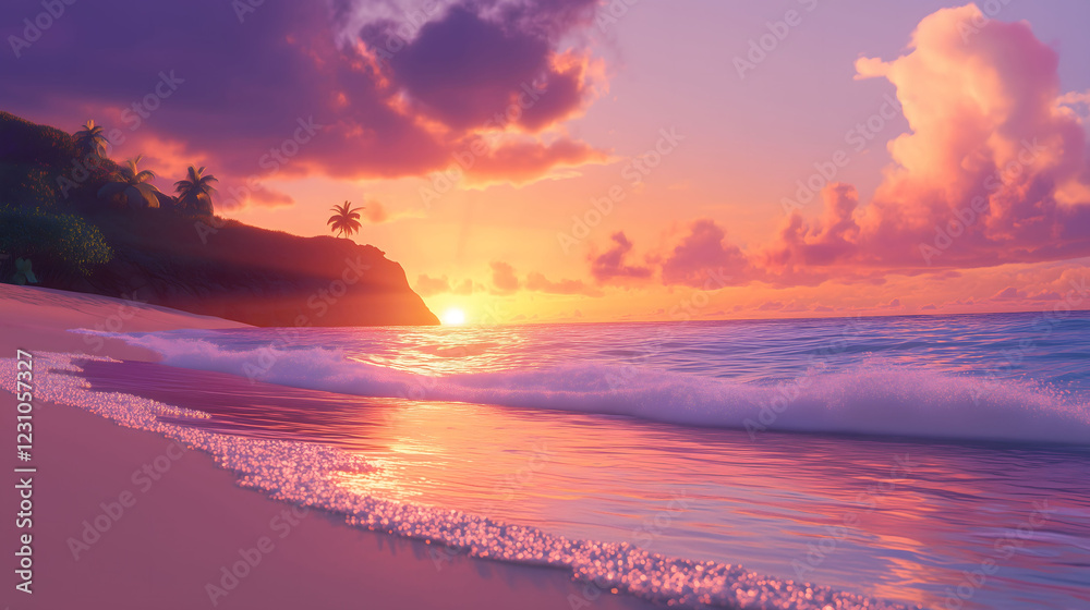 Fototapeta premium Serene Beach at Sunrise With Colorful Sky and Gentle Waves Reflecting the Light. Generative AI