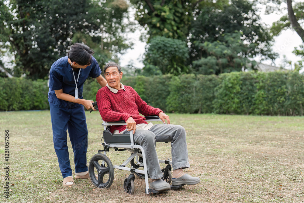 Nursing aide engaging with elderly man in wheelchair, encouraging conversation in tranquil garden Nursing aide engaging with elderly man in wheelchair, encouraging conversation in tranquil garden