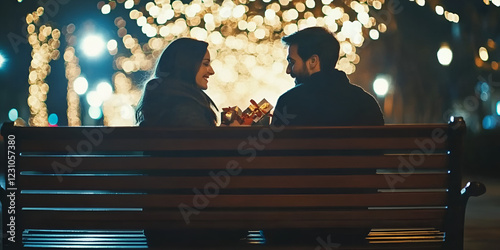 Couple Sharing Valentine's Gifts on a Park Bench photo