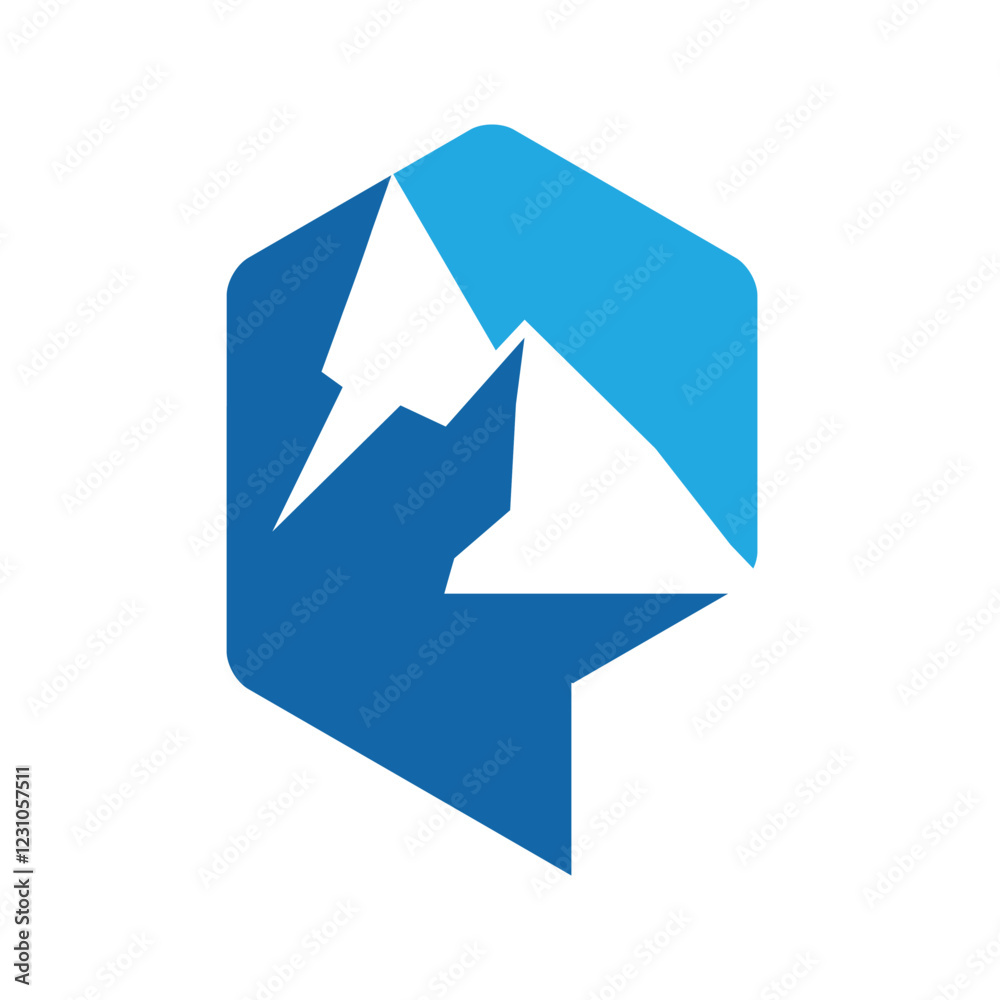 The image shows a flat logo design of an initial letter P with Blue Mountain on it on a white background The image shows a flat logo design of an initial letter P with Blue Mountain on it on a white background