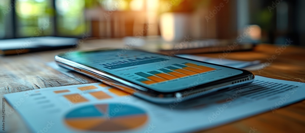 Smartphone displaying financial charts and graphs on wooden desk with documents. Smartphone displaying financial charts and graphs on wooden desk with documents.