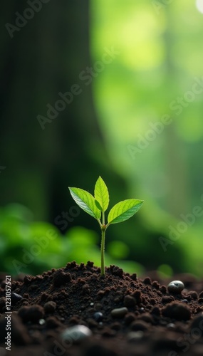 Young sapling grows from small seed in fertile ground alongside tall mature tree, earthy, foliage, maturity