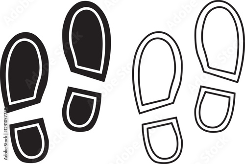 Foot print icon set. Human foot pet black vector flat and line collection isolated on transparent background. Shoe print step symbol sign of walking, track imprint, sole of shoe printmaking technique.