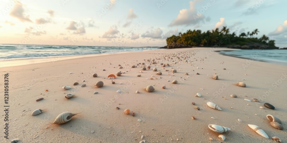 Sandy shoreline with shells and pebbles scattered along the beach at dawn on a tropical island, morning light, shells, sandy shore Sandy shoreline with shells and pebbles scattered along the beach at dawn on a tropical island, morning light, shells, sandy shore