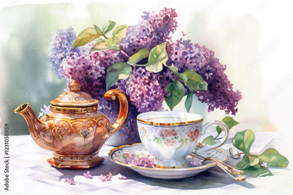 still life with lilacs on the table on a white background, watercolor., watercolor style, Generative AI still life with lilacs on the table on a white background, watercolor., watercolor style, Generative AI