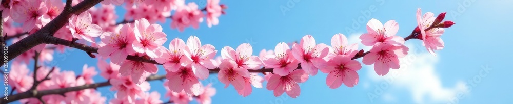Fototapeta premium A tree covered in pink cherry blossoms with a bright blue sky, flower branch, branches, blooming flowers