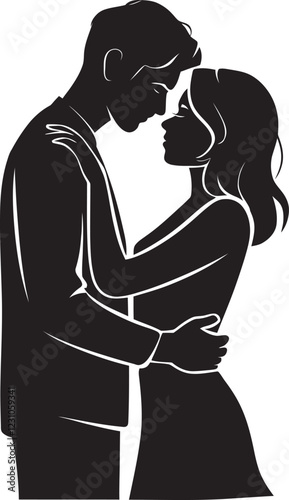 A vector style black silhouette illustration of a couple or boyfriend and girlfriend hugging, Valentine's Day vector design, silhouette of a couple