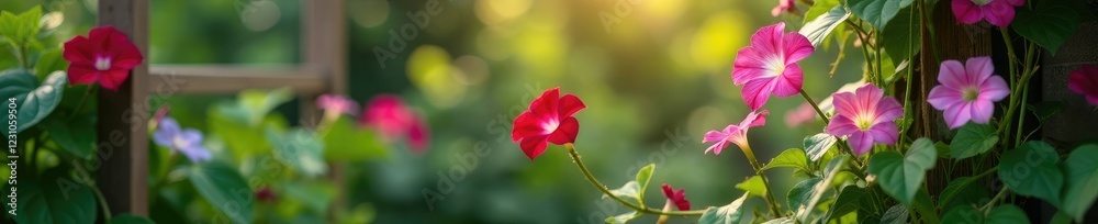 Dainty morning glory vines crawling up a trellis, plant, climbing flowers, flowers Dainty morning glory vines crawling up a trellis, plant, climbing flowers, flowers