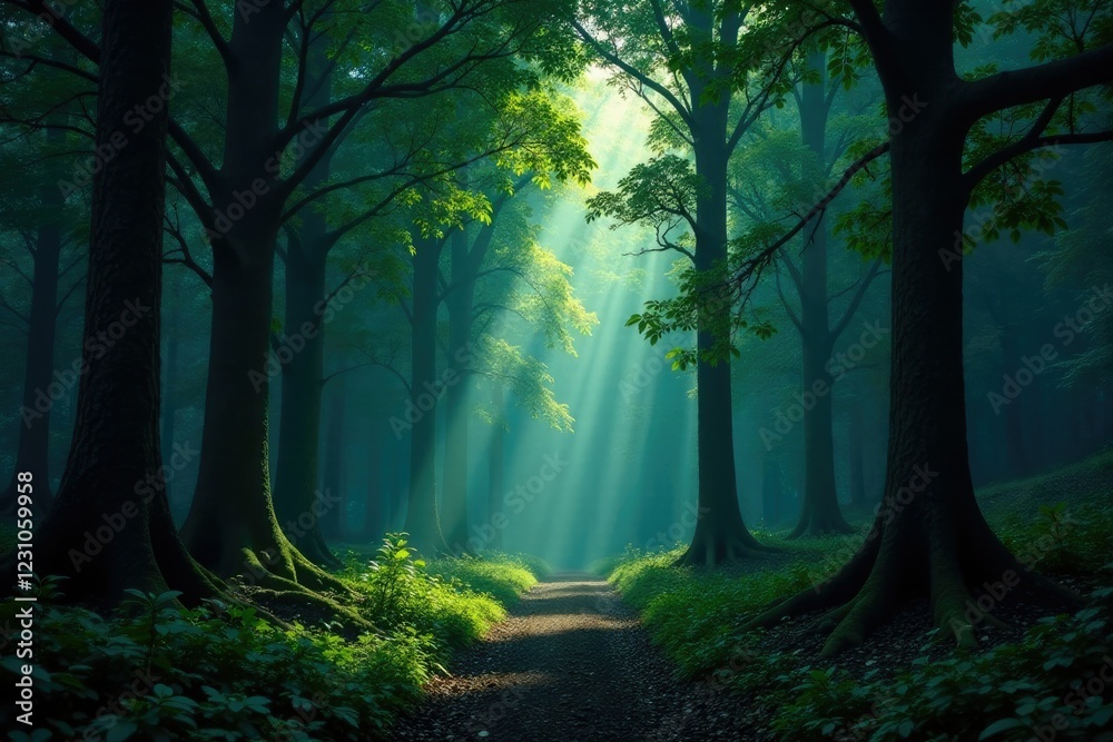 Obraz premium Dark forest with tall trees and overhanging branches, dense foliage, towering trees