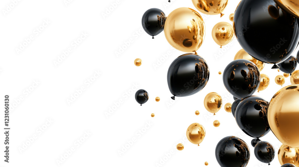 Black and gold balloons floating on transparent background