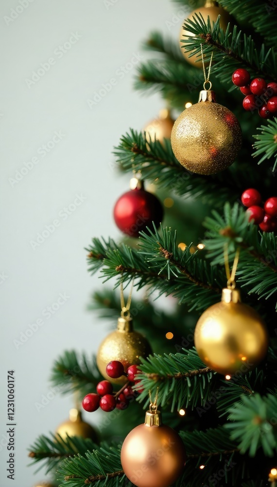 Decorated Christmas tree with gold ornaments, red berries, and greenery, festive, christmas tree Decorated Christmas tree with gold ornaments, red berries, and greenery, festive, christmas tree