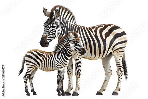 Mother and Baby Zebra Standing Together on Isolated White Background.