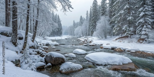 Snowy forest with frozen stream and ice-covered rocks, serene, peaceful, reflection, snowy woods
