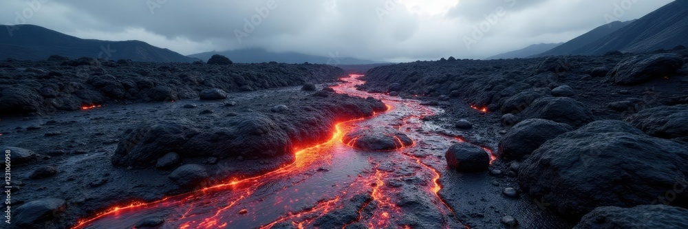 Naklejka premium Galapagos lava flow with volcanic rocks and ash, earthy tones, geological formation, natural wonder