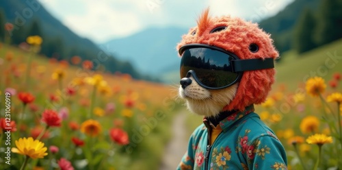 Fuzzy keramikkopf mit Fahrradhelm und Pflanzen, kramatik, pflanzlich photo