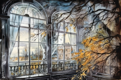 Wallpaper Mural window and tree branches growing into the house,.Generative AI Torontodigital.ca