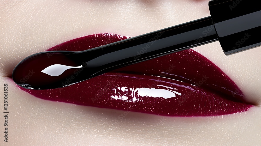 Obraz premium Close up of lips with dark burgundy lip gloss applicator