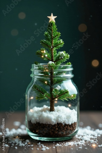 Miniature evergreen Christmas tree in a glass jar filled with snowflakes, evergreen, glass, tree photo