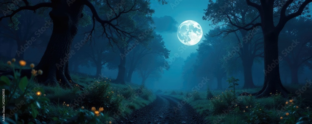 Obraz premium Moonlit forest with eerie, glowing vegetation, strange, unnatural, night