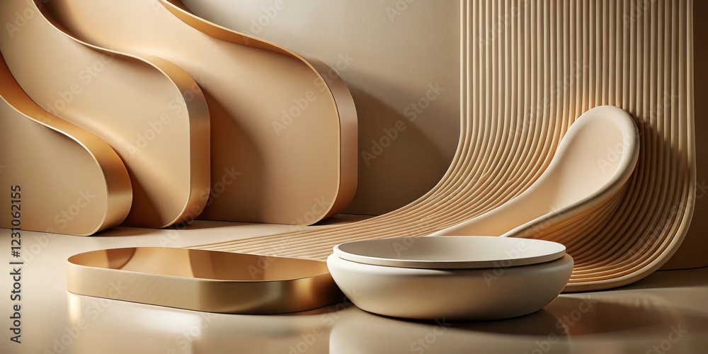 Abstract Beige and White Wave Forms with Bowls Abstract Beige and White Wave Forms with Bowls