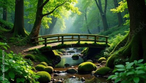 Moss covered wooden bridge spanning serene brook, fairy tale forest, forest floor, nature