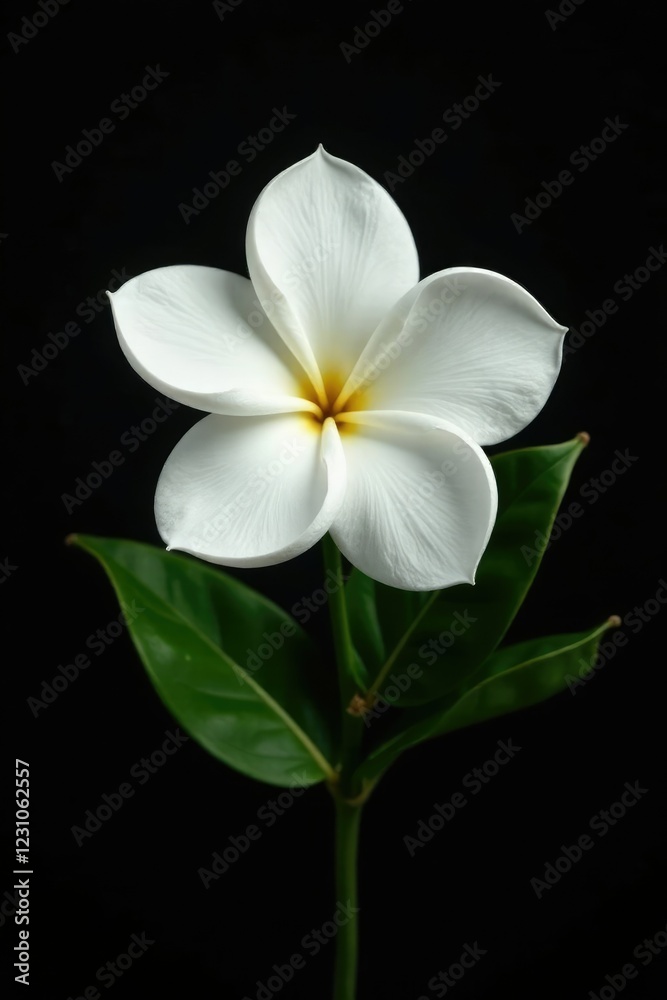 Fototapeta premium Single white gardenia flower with large leaves on black, nature, single bloom