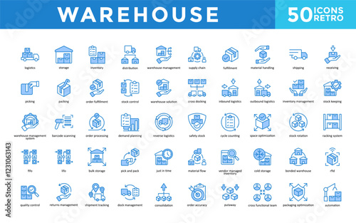 Warehouse icons set with logistics, storage, inventory, distribution, warehouse management, supply chain, fulfillment, material handling, shipping, receiving icon. Simple retro vector 
