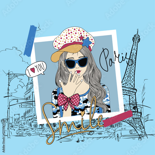 Beautiful girl in trendy style with the Eiffel Tower in the background, Parisian fashion concept.
