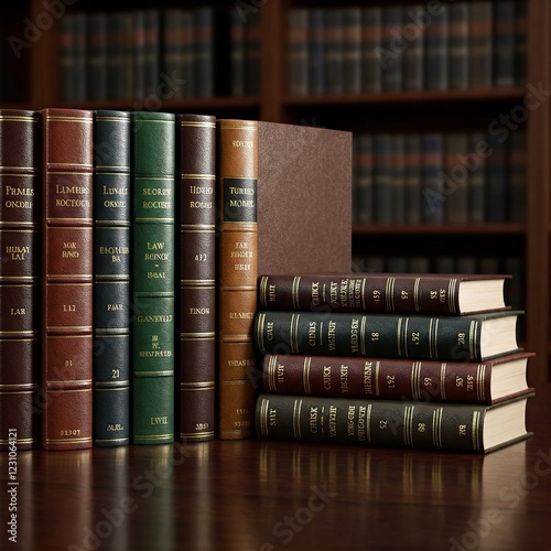 A collection of law books stacked neatly on a wooden desk.
