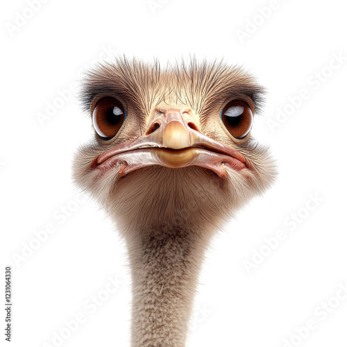 A close-up of an ostrich's head, showcasing its distinctive features and expressive eyes.