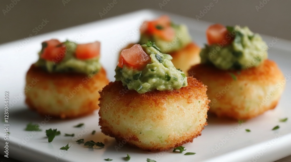 Four crispy fried appetizers topped with guacamole and diced tomatoes. Four crispy fried appetizers topped with guacamole and diced tomatoes.