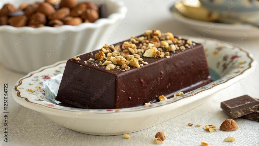 Rich, velvety chocolate fudge with a crunchy nutty topping nestled in a delicate porcelain dish, fudge, rich flavors Rich, velvety chocolate fudge with a crunchy nutty topping nestled in a delicate porcelain dish, fudge, rich flavors